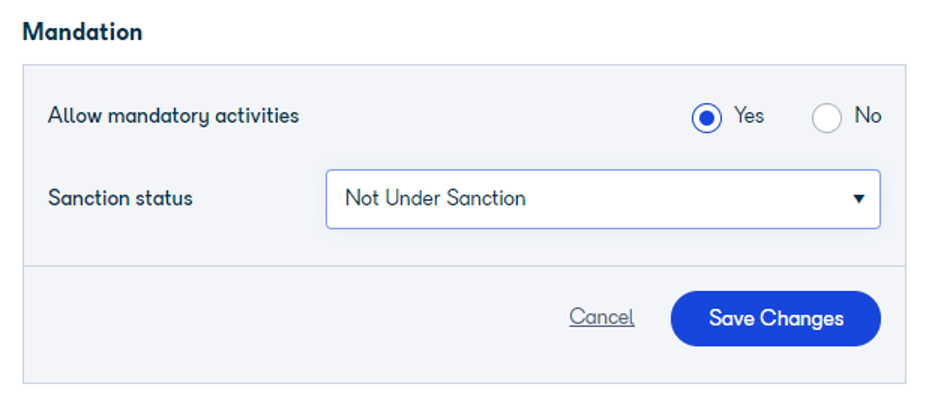 Sanction status dropdown on the participant's Personal Details tab showing available options