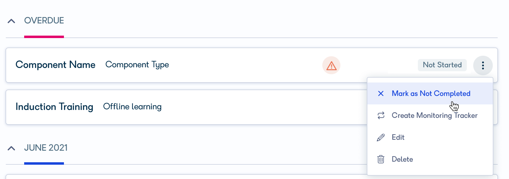 Activity card options menu with Mark as Not Completed highlighted