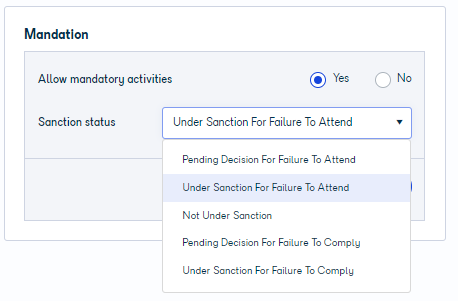 Sanction status dropdown showing available options