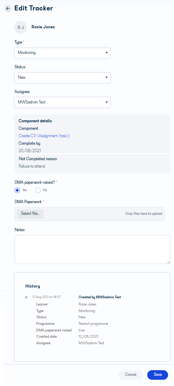 Monitoring tracker showing all fields including History section