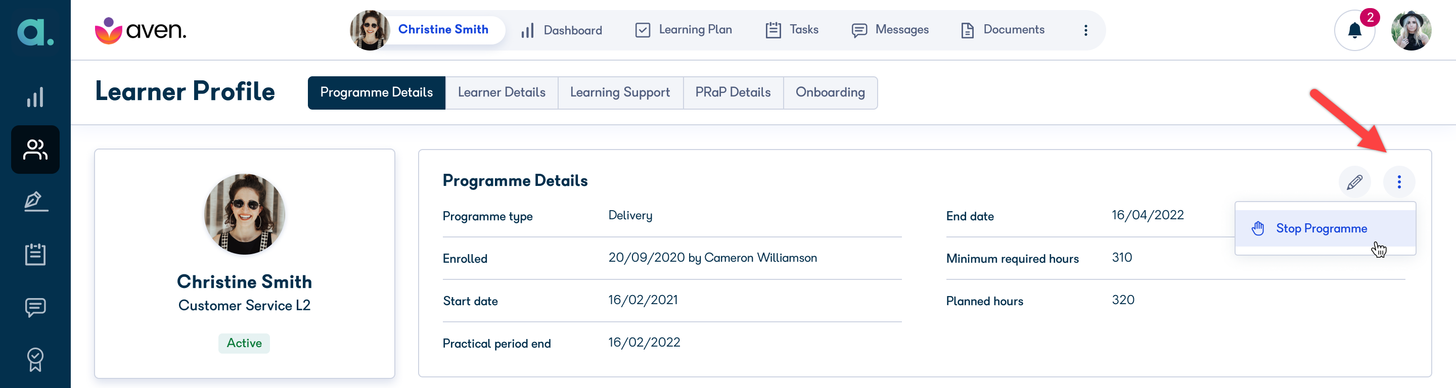 Programme details tab showing the Stop programme option in the options menu