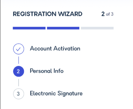 Registration wizard showing step one complete and step two in progress