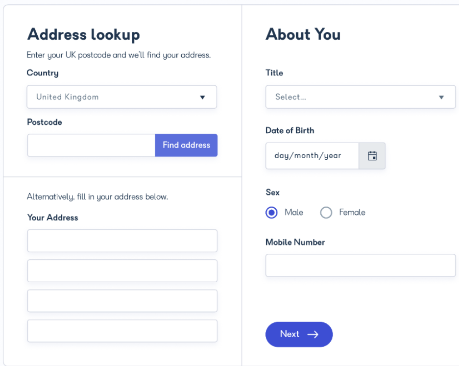 Address lookup and manual address entry fields