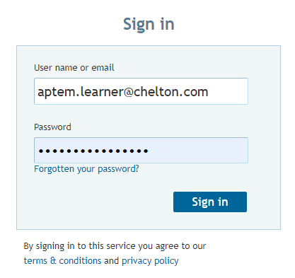 Aptem sign-in screen