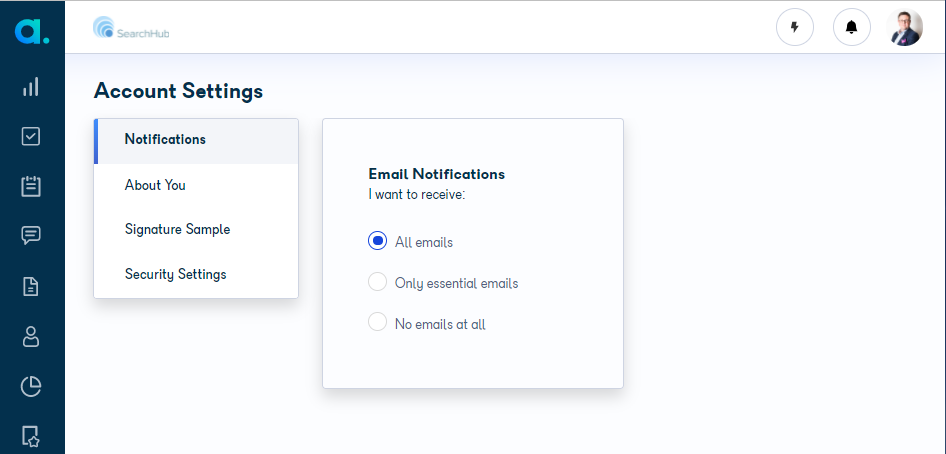 Account settings – notifications section showing email notification options