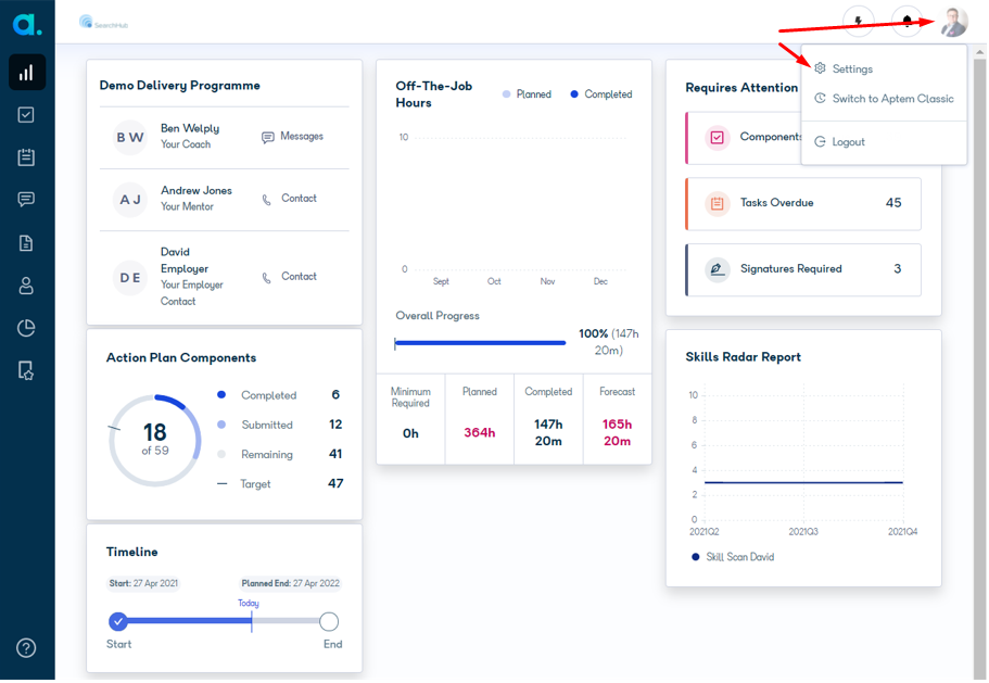 Learner dashboard showing the profile icon in the top right corner