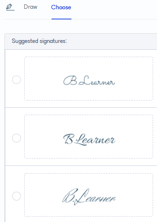 Signature options showing Draw, Choose, and Clear actions