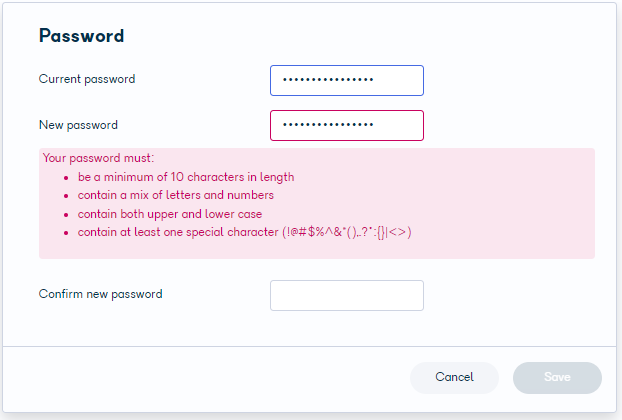 Security settings screen showing current and new password fields