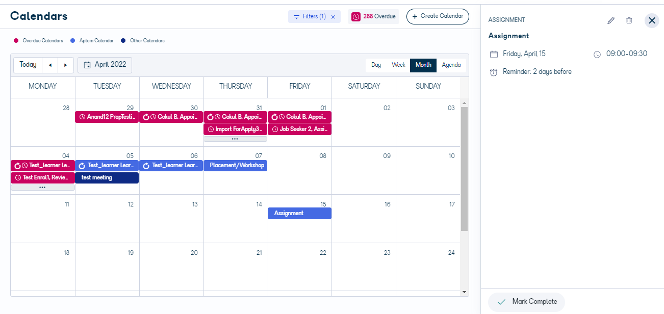 Calendar view side panel showing the Mark complete option