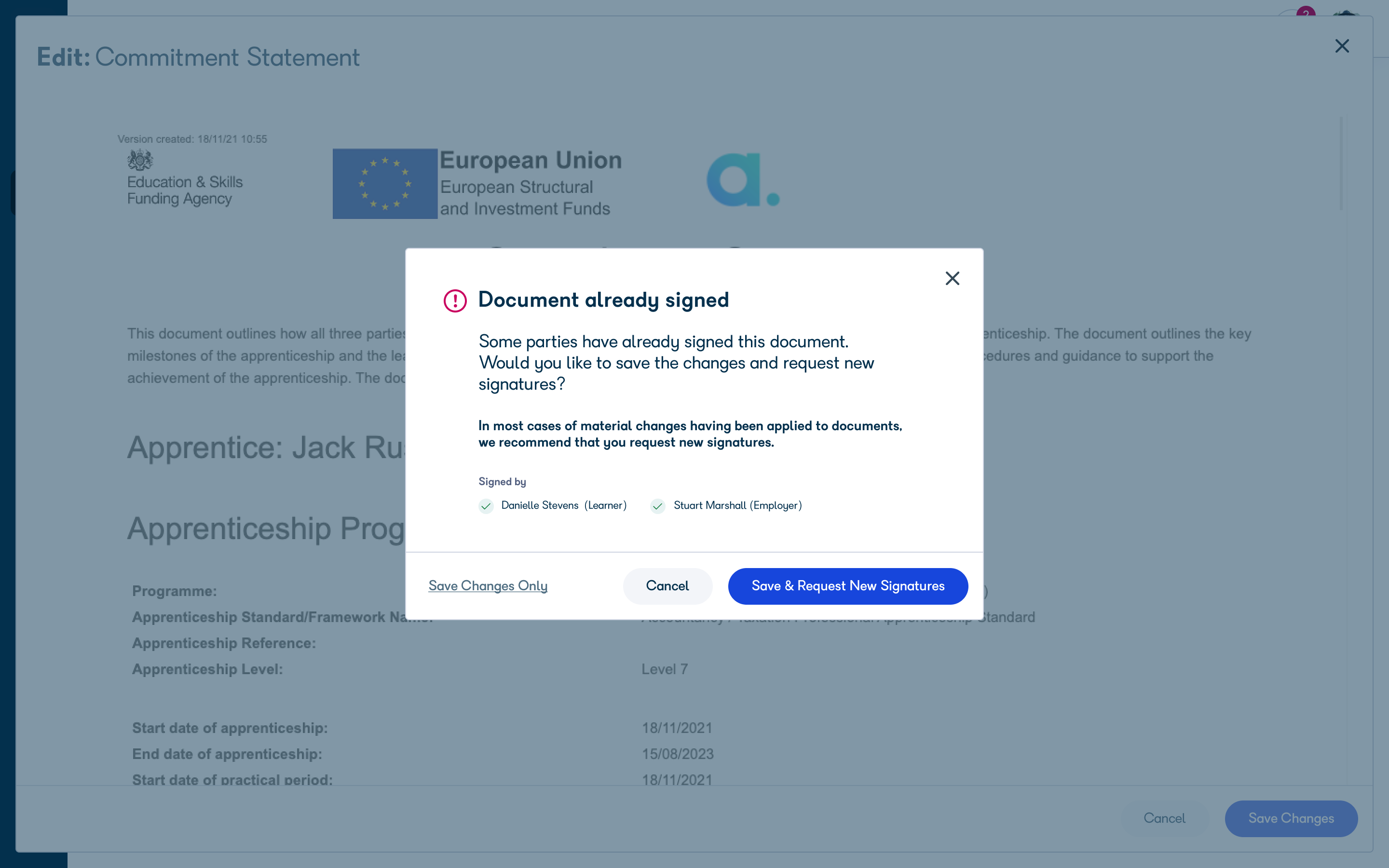 Confirmation dialog showing Save changes only, Cancel, and Save and request new signatures options