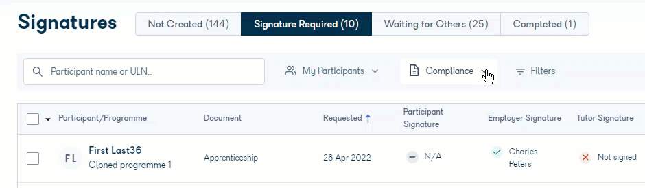 Quick filter toggle switching between Compliance and Review documents